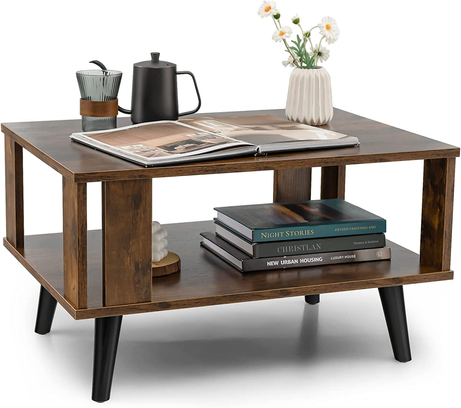 Small Wood Coffee Table, 2Tier Tea Table w/Open Storage Shelf