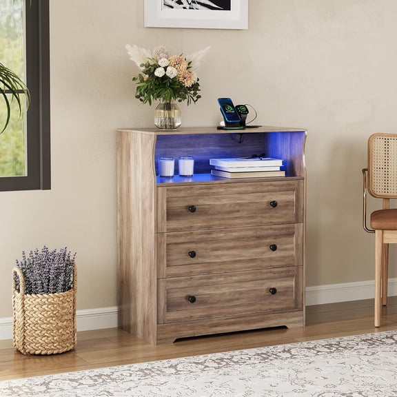 Small Wood Dresser with 3 Drawers, Wooden Dresser with Charging Station and LED Lights for Bedroom Closet Bedside Nightstand, Narrow Chest of Drawers for Nursery, 15.7" D x 31.5" W x 37.2" H
