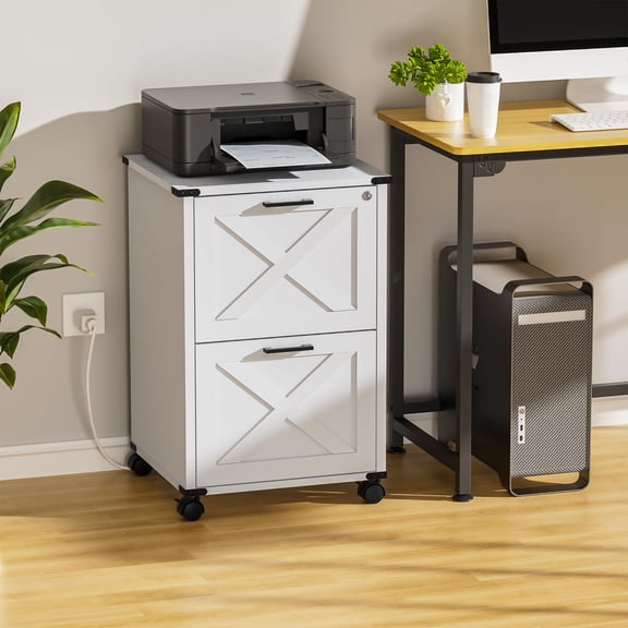 Small Wood File Cabinet With Lock Nightstand Charging Station 2 Drawer Under Desk Lateral Filing Cabinets For Home Office Printer Stand Storage White