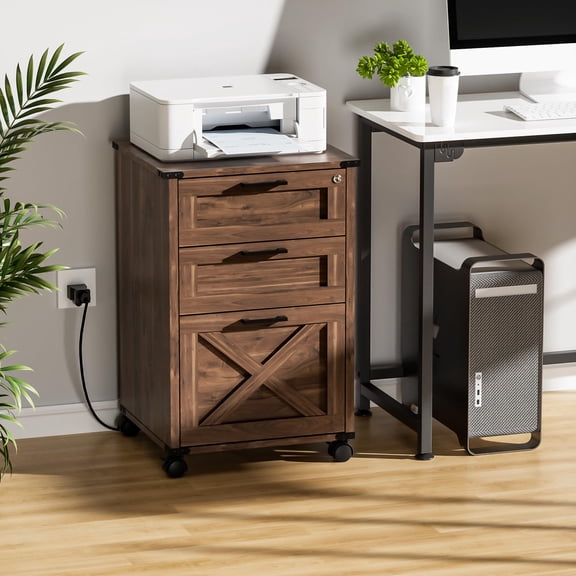 Small Wood File Cabinet With Lock Nightstand Charging Station 3 Drawer Under Desk Lateral Filing Cabinets For Home Office Printer Stand Storage Brown