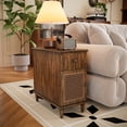 thumbnail image 1 of Small Wood Rattan End Table With Drawer&Cabinet, Vintage Narrow Bedside Table With Door, Slim Sofa Side Table Nightstand for Small Spaces, Living Room, Bedroom-Walnut, 1 of 10