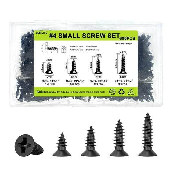 Small Wood Screws Assortment Kit - 600pcs M3 Black Wood Screws (6/8/10/12mm) - Short, Cabinet & Tiny Screws for Electronics, DIY & Micro Woodworking