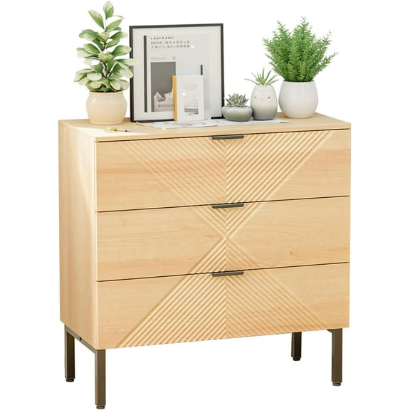 Small Wooden 3 Drawer Dressers, Fluted Dresser for Bedroom, Traditional Closet Dressers Chests of Drawers, Storage Cabinet Nightstand Dresser for Home,Living Room (1, Natural Oak)