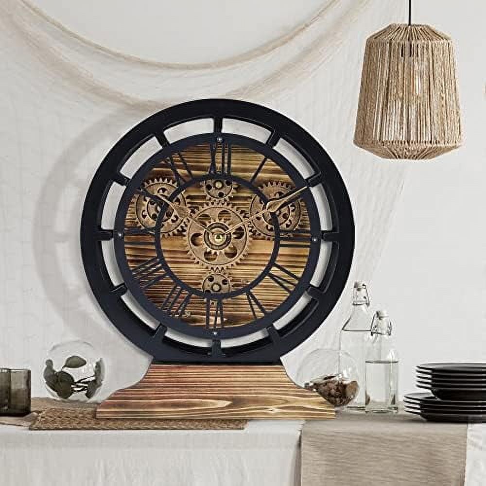 Small Wooden Black Wall Clock with Moving Gears for Living Room Home ...
