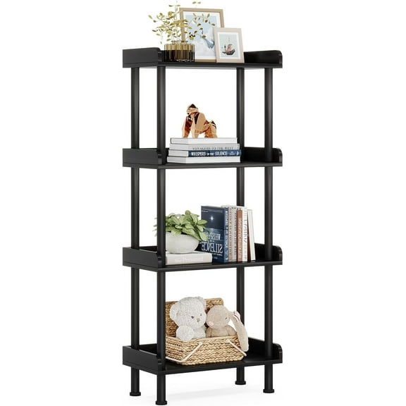 Small Wooden Bookcase, 4-Tier Black Rustic Etagere Bookshelf for Living Room & Bedroom, Storage Organizer