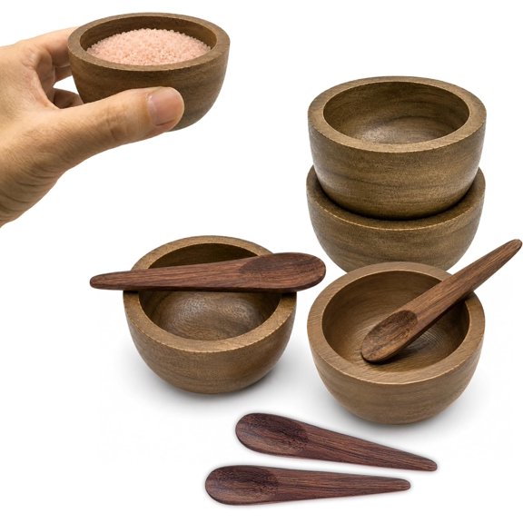 Small Wooden Bowls and Spoons (Set of 4) 2.8 Mini Wood Dipping Sauce Bowls | Mini Acacia Wood Dipping Bowl Set (8 Pieces with Spoons) for Charcuterie Board, Sauce, Salsa, Condiments & Prep
