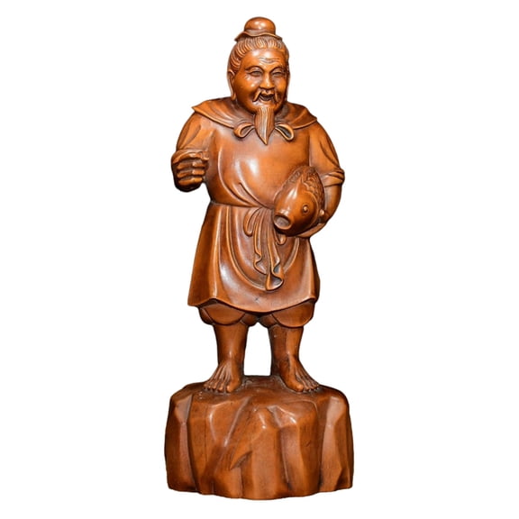 Small Wooden Carved Figurine Handcarved Chinese Fisherman Angler Sculpture Home Decor Fortune Abundance Prosperity Contentment