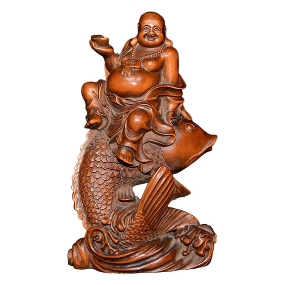 Small Wooden Carved Figurine Laughing Buddha Statue Fengshui Wealth Fish Sculpture Joy Abundance Tolerance Success Blessing