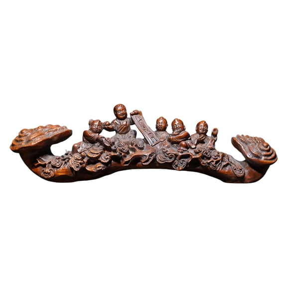 Small Wooden Carved Figurine Ruyi Five Blessings Chinese Scepter Artisan Fortune Abundance Joy Auspiciousness Decor Living