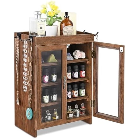 Small Wooden Countertop Storage Cabinet with Adjustable Shelves and Removable Hooks, Perfect for Perfume, Pantry, Essential Oil, 10.4W x 6.1D x 14.4H in, Brown