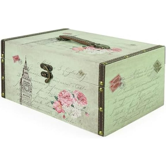 Small Wooden Decorative Storage Box with Handle - Wood Leather Treasure Chest Trunk Keepsake Vintage Suitcase, 11.8" x 7.8" x 5.9" (Tower)