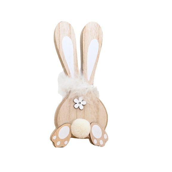 Small Wooden Easter Bunny-Shaped Table Decoration, Rustic Design With Fluffy Accents And Floral Detail For Parties Holidays Table Decor, Easter Party Supplies, Home Decor Accent,