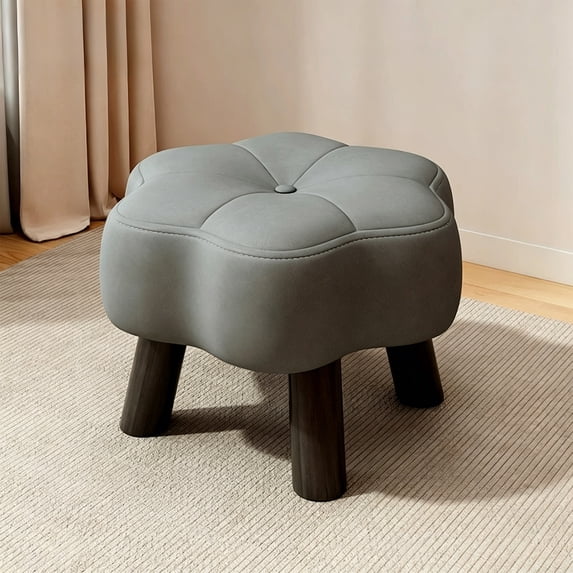 Small Wooden Footstool, Low Profile Stackable Stool with Foam Padded Seat, PU Water-Resistant Ottoman for Living Room Entryway Bedroom