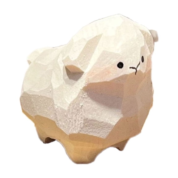 Small Wooden Lamb Figurine Carved Sheep Statue Sculpture Ornament for Home Office Desktop Decors and Gifting