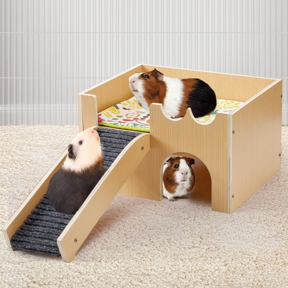 Small Wooden Pet Castle Bed Hut with Stairs for Guinea Pigs, Hamsters, and Small Animals