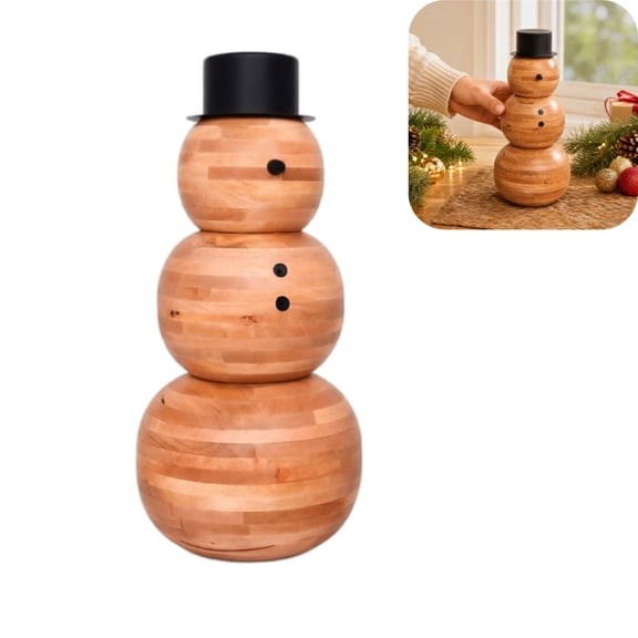 Small Wooden Snowman Holiday Decoration, 9.84 Inch Rustic Natural Wood Snowman Figurine with Black Top Hat, Farmhouse Christmas Winter Decor for Tabletop Shelf Mantel