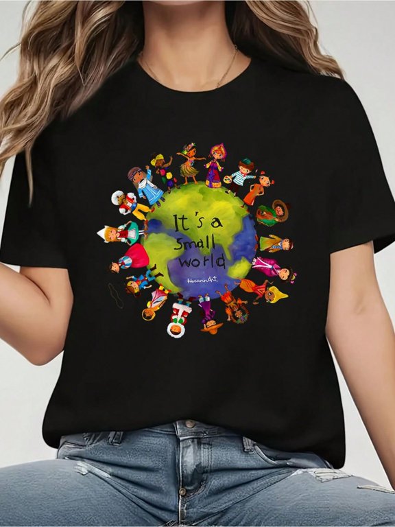 It's A Small World And Cute Multicultural Children T-ShirtPrinted Crew Neck T-Shirt For Women - Casual Crew Neck, Short Sleeve, Breathable 100% Cotton Top