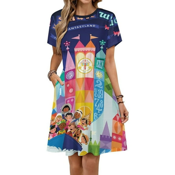 Small World Fantasyland Dress Fashion Beach Short Sleeve Dresses Female Party Printed Sundress