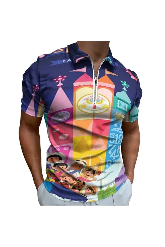 Small World Fantasyland Men Zipper T-shirt Summer Casual Short Sleeve T-shirt Top