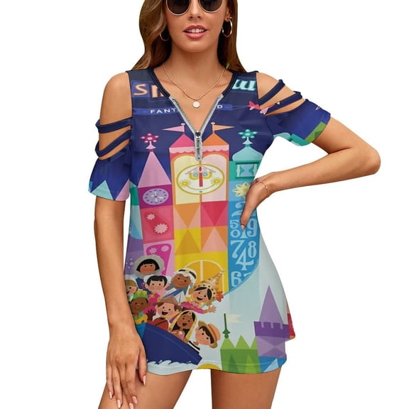 Small World Fantasyland Womens Summer V Neck Zipper Top Short Sleeve T Shirt Off Shoulder Top Casual Classy Loose Shirts
