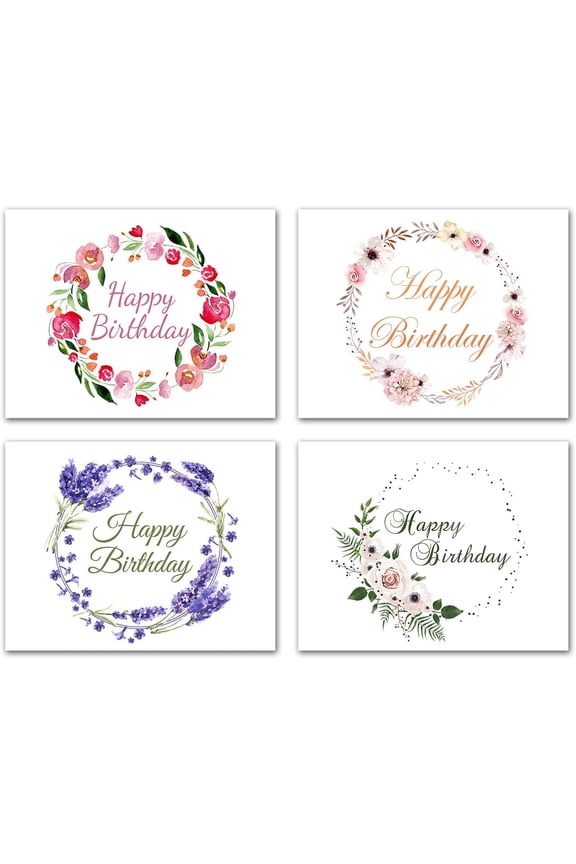 Floral Wreath Happy Birthday Cards 12 Count - Blank Inside with White Envelopes - A2 Size 5.5" x 4.25" - Friends, Family, Colleagues, and More