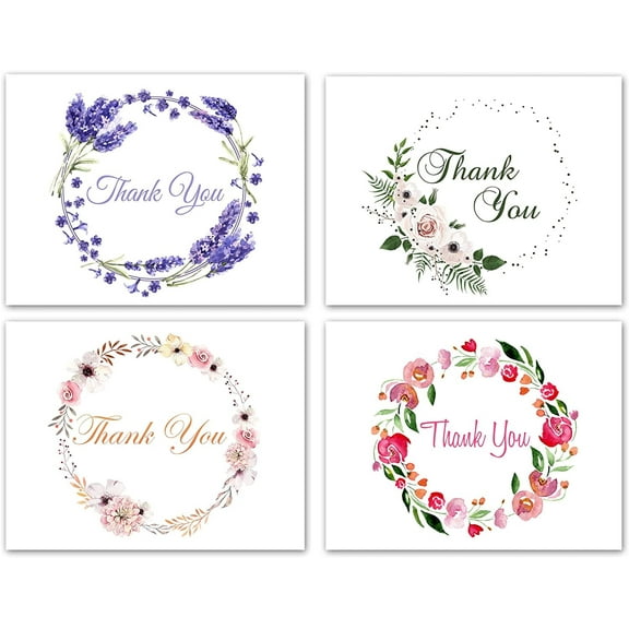Small World Greetings Floral Wreath Thank You Cards 24 Count - Blank Inside with Envelopes - A2 Size (5.5”x4.25”) - Family, Friends, Colleagues, and More