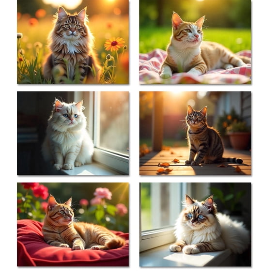 Cat Note Cards 12 Pack 6 Beautiful Sunlit Photography Designs, Blank Inside with Envelopes A2 Size 5.5" x 4.25" Cat Lover Gift, Birthday, Thank You, Sympathy & More