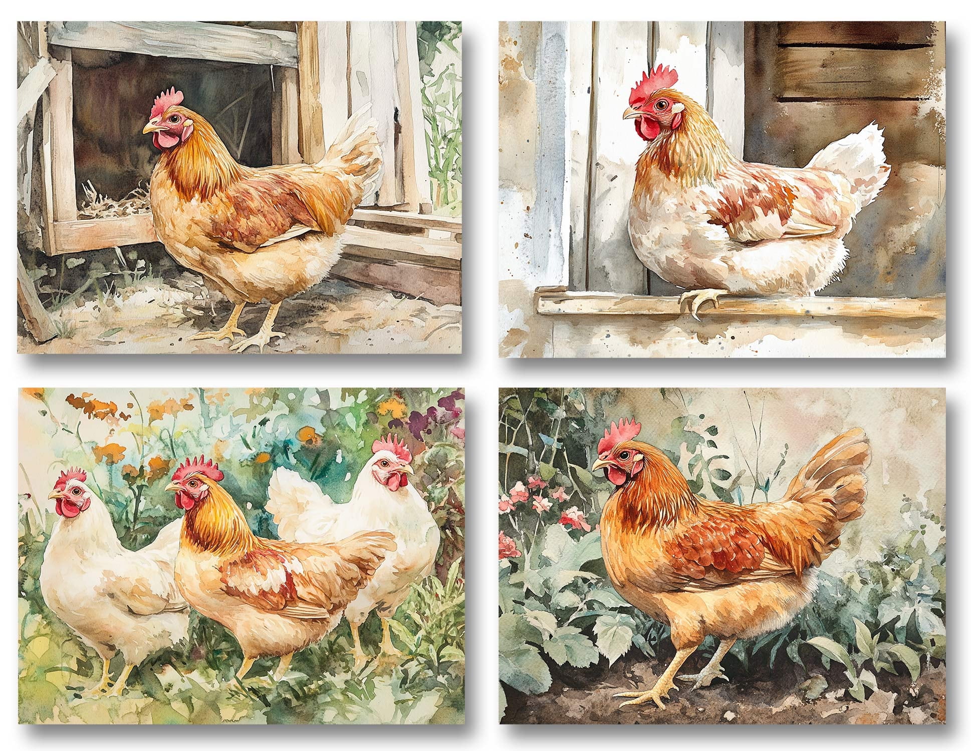 Small World Greetings Watercolor Chicken Note Cards 12 Count-Blank Inside with Envelopes-A2 Size 5.5" x 4.25"-Farmhouse Hen Art Stationery for All Occasions-Country Animal DesignsRustic Farm-Themed