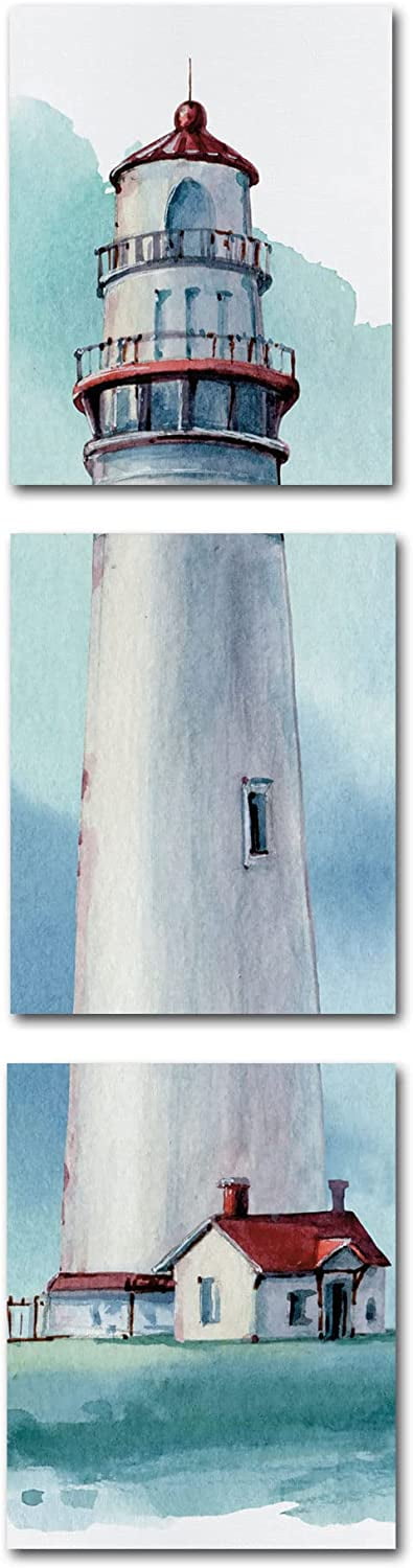 Watercolor Lighthouse Coastal 3-Piece Vertical Wall Art Set