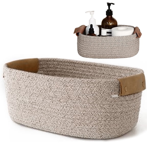 Small Woven Basket, Decorative Gift Basket with Handle, Square Cotton Storage Bins, Rope Organizer for Shelves, Nursery, Puppy Dog Toy(Coffee, 11''×8.7''×4.3'')