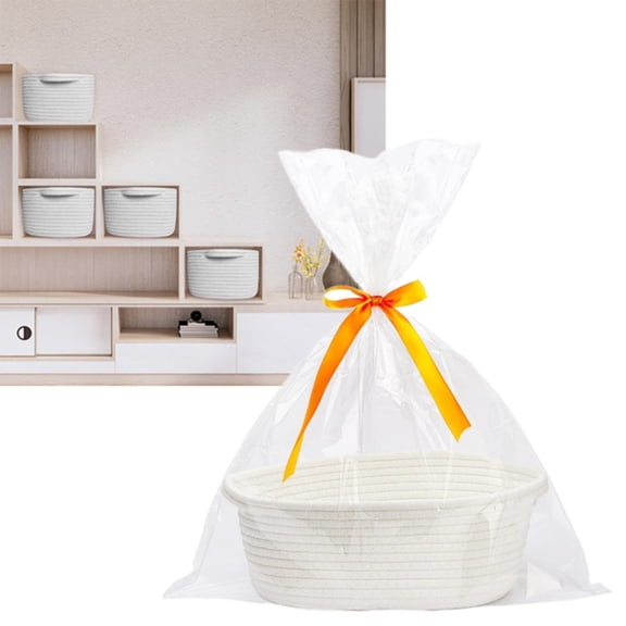 Small Woven Basket with Gift Bags and Ribbons,All 12"x 5",Empty Decorative Gift Chest Box,Cute Gift Basket,Cat Toys,Cotton Rope Room Shelf Storage Basket with Handles(White)