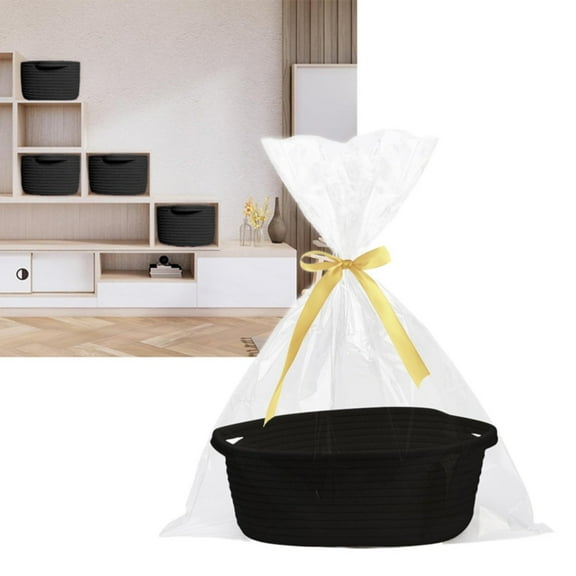 Small Woven Basket with Gift Bags and Ribbons,All 12"x 5",Empty Decorative Gift Chest Box,Cute Gift Basket,Cat Toys,Cotton Rope Room Shelf Storage Basket with Handles(Black)