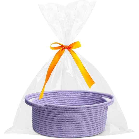 Small Woven Basket with Gift Bags and Ribbons Durable Baskets for Gifts Empty Small Rope Basket for Storage 12"X 8" X 5" Toy Basket with Handles, purple