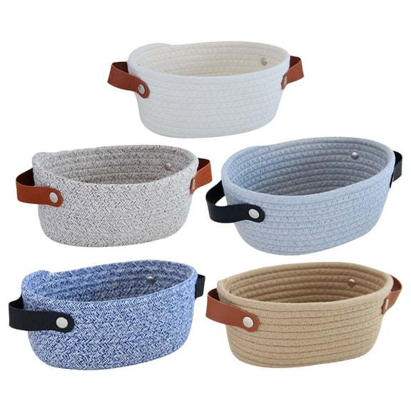 Small Woven Basket, Mini Cotton Rope Storage Basket, Tiny Easter Basket, Shelf Basket Leather Handle, Entryway OrganizerOval Decorative Toy Dog Cat Basket Empty Gift Basket(S)