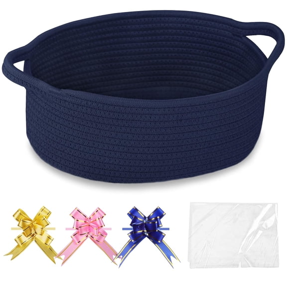 Small Woven Basket with Gift Bags and Ribbons, Gift Basket Empty, Cotton Rope Storage Organizer, Baby Toy Box with Handles, 12" x 8" x 5", Navy Blue
