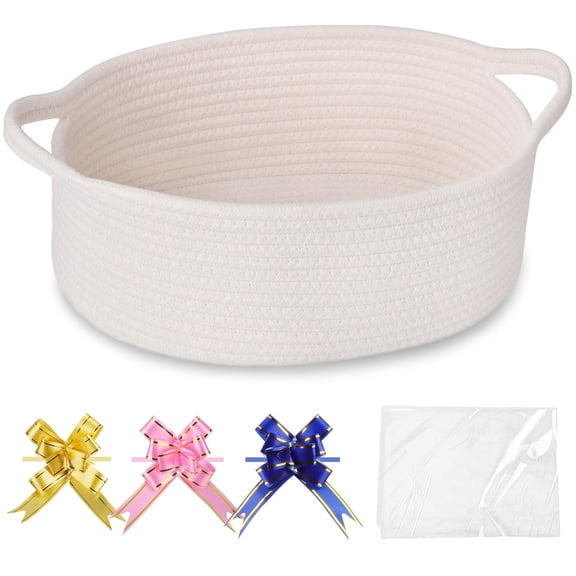 Small Woven Basket with Gift Bags and Ribbons, Gift Basket Empty, Cotton Rope Storage Organizer, Baby Toy Box with Handles, 12" x 8" x 5", White