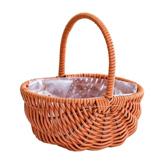 Small Woven Basket with Handle, Plastic Rattan Wicker Basket for Picnic, Harvesting, Home Storage And Decor, Splinter-free Brown