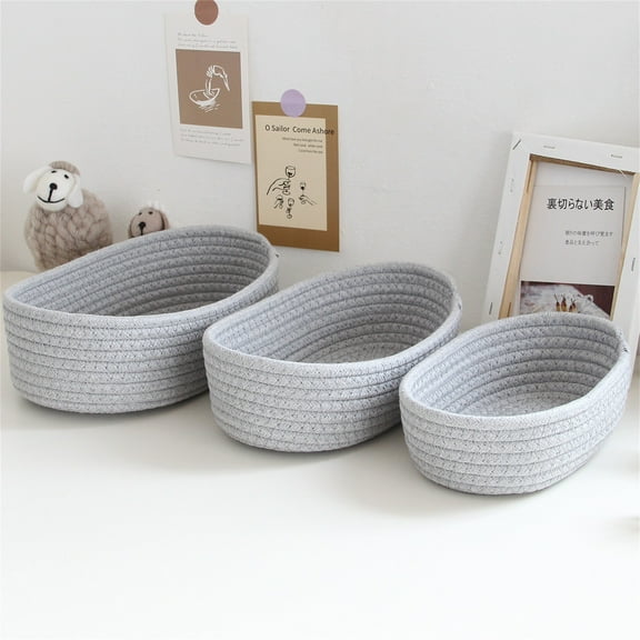Small Woven Baskets Empty Tiny Storage Baskets Mini Cotton Rope Baskets Oval Decorative Hampers 3PC/ Desktop Storage Baskets (3 Pieces, Small + Medium + Large) In Gray