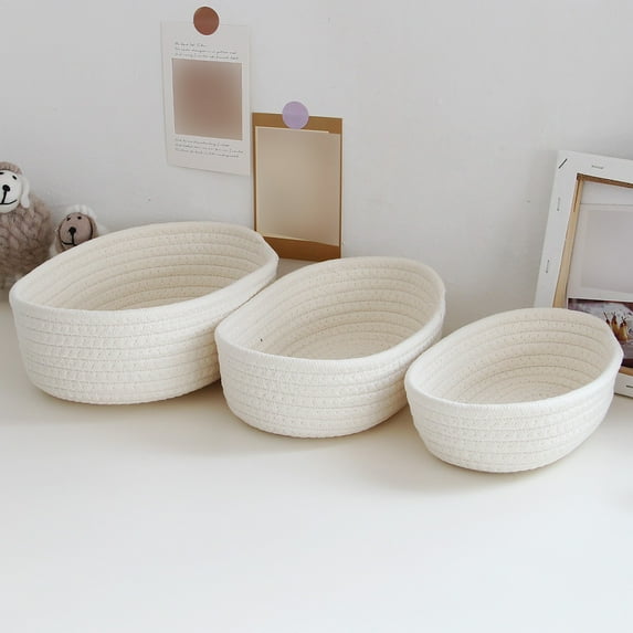 Small Woven Baskets Empty Tiny Storage Baskets Mini Cotton Rope Baskets Oval Decorative Hampers/ White Desktop Storage Basket (A/S)