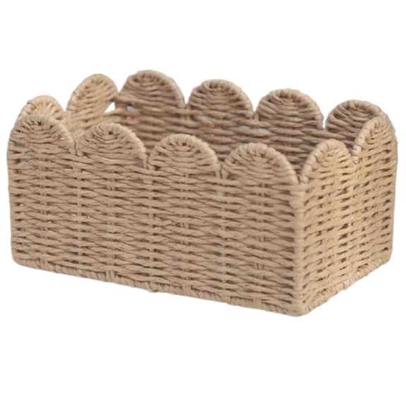 Small Woven Paper Rope Basket with Scalloped Edge for Organizing Towels, Toilet Paper, and Utensils