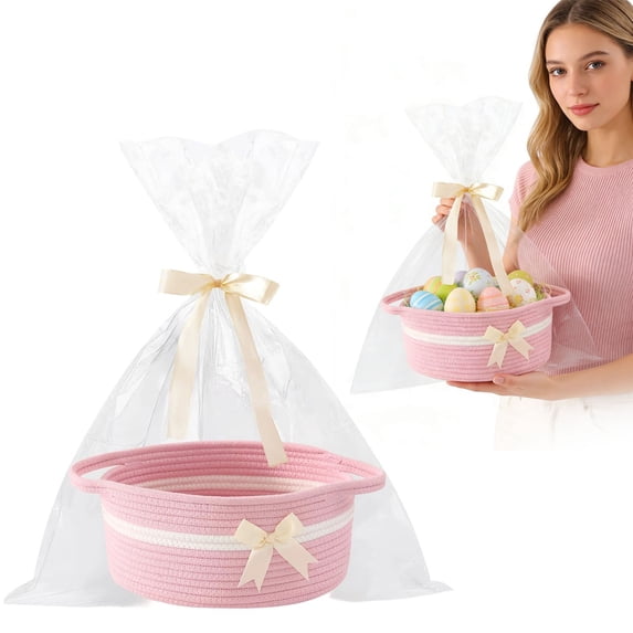 Small Woven Rope Basket, Empty Gifts Basket with Bag and Ribbons, Cotton Rope Woven Basket with Handles, Cute Handle Organizer Box, Reusable Easter Egg Basket for Party Gift Home Decor