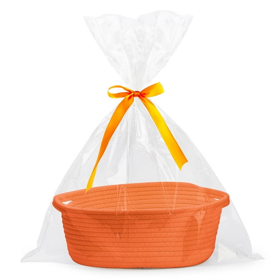 Small Woven Rope Easter Basket with Gift Bags & Ribbons, 12"x8"x5" Durable Burr-Free Empty Gift Basket, Multi-Use Storage Toy Basket with Handles for Home Decor