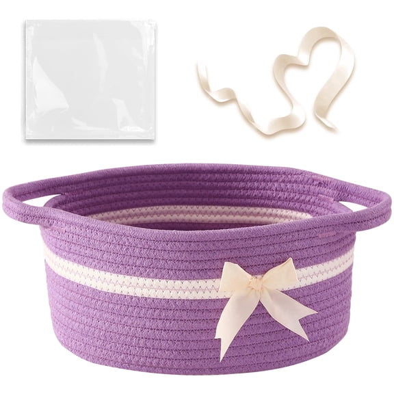 Small Woven Rope Storage Basket with Bow and Ribbons and Gift Bags, Gift Baskets Empty, Bowknot Decorative Baby Gift Basket for Toys, Kids & Baby Toys Basket with Handles, Pink