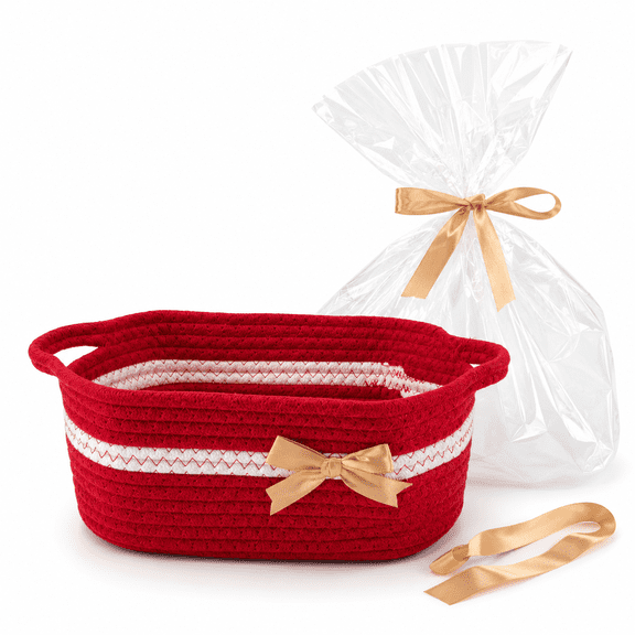 Small Woven Rope Storage Basket Empty Gift Basket with Ribbons and Gift Bags for Towels, Snacks, Small Items, Rectangle Shelf Basket for Bathroom Home Décor(Red)