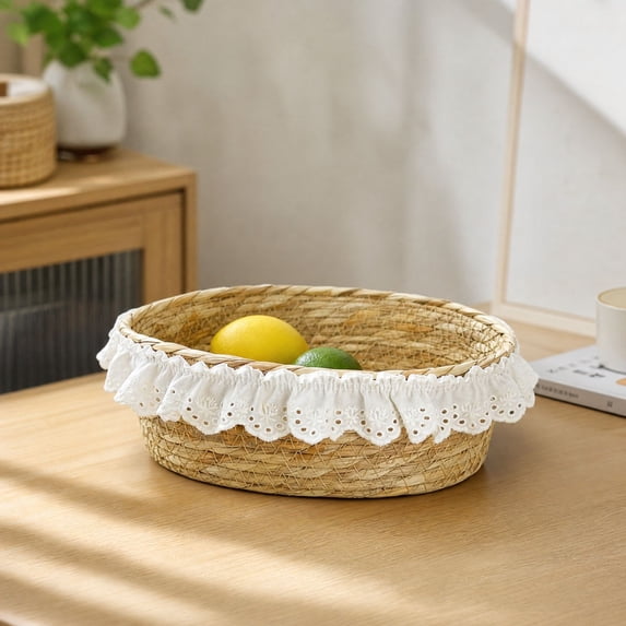 Layout Of Ruffle Small Woven Storage Basket, Lace Ruffle Trim Organizer with Decorative ...