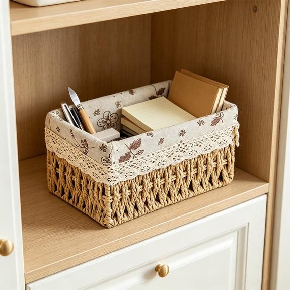 Small Woven Storage Basket with Liner Rectangular Decorative Rattan Organizer Bin for Home Bathroom Bedroom Kitchen Office Sundries Cosmetics Toys 10x6x4 Inch