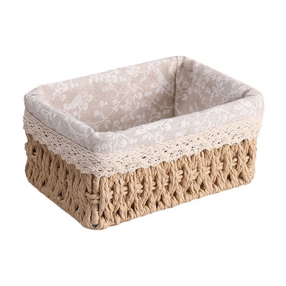 Small Woven Storage Basket Organizer 7x5x3.5 Inch Khaki Desktop Bin for Coffee Table Shelf and Desk Organization