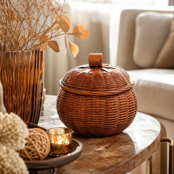 Small Woven Storage Basket with Lid, Mini Round Decorative Organizer Box for Desk, Trinkets and Home Decor