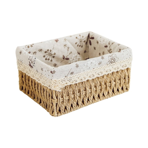 Small Woven Storage Basket with Linen Liner for Home, Bathroom, Kitchen