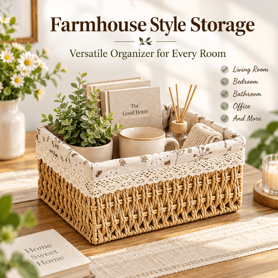 Small Woven Storage Basket with Liner, Rectangular Decorative Rattan Organizer Bin for Home Bathroom Bedroom Kitchen Office Sundries Cosmetics, L